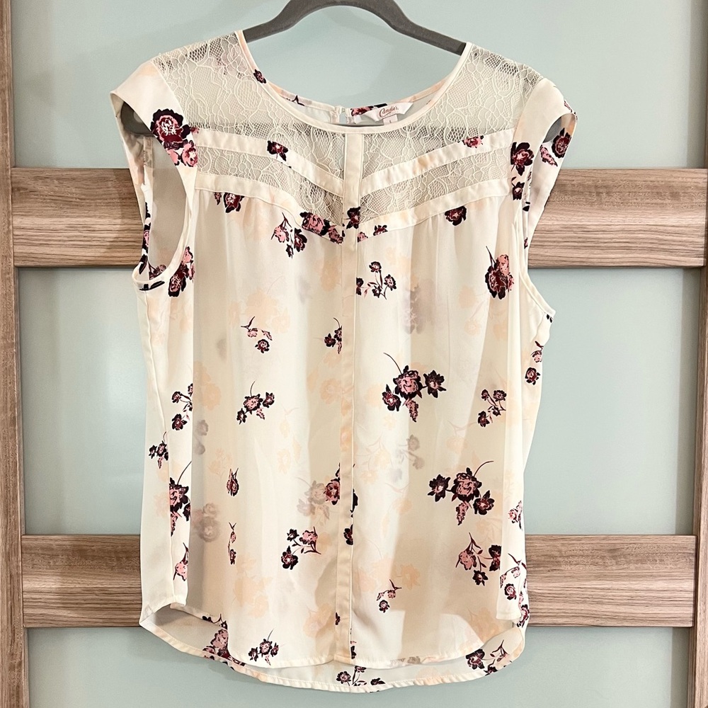 Candie's | Cream & Pink Floral Sleeveless Blouse | Large